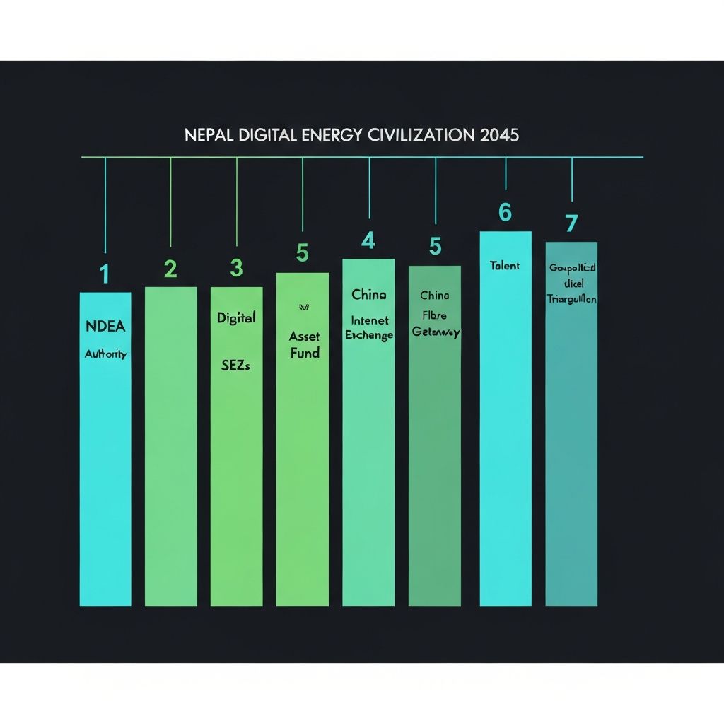 Seven-pillar framework diagram for Nepal's Digital Energy Economy: NDEA, Digital SEZs, Sovereign Asset Fund, Internet Exchange, China Fibre Gateway, Talent Development, Geopolitical Triangulation