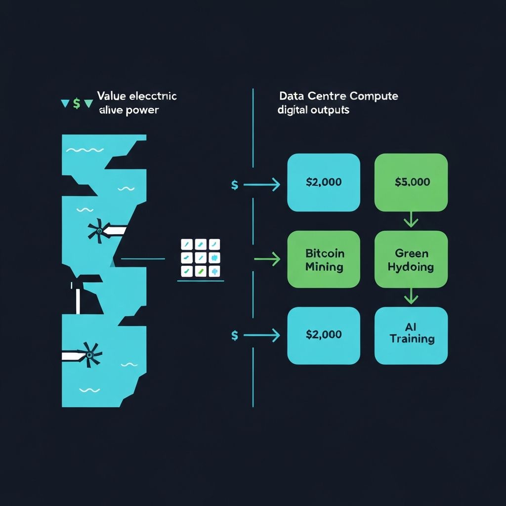 Diagram showing the value transformation chain from hydroelectric power to data centres, Bitcoin mining, green hydrogen, and AI training